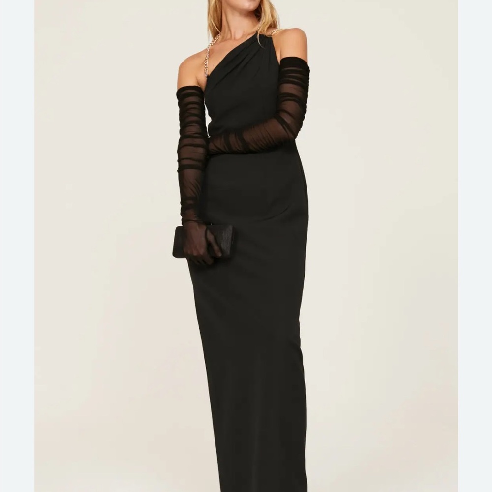 Aidan Mattox Black One Shoulder Long Sleeve Gown